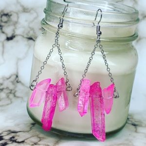 Pink Quartz Boho Drop Earrings, Dyed Raw Crystals